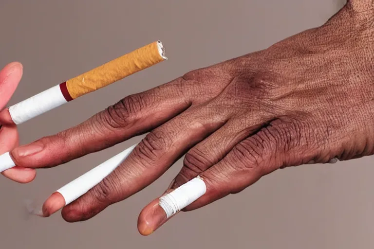 Prompt: Close-up of thin soft hand, hand with cigarette with smoke, hand with five fingers, hyper realistic, high details, photo, super resolution