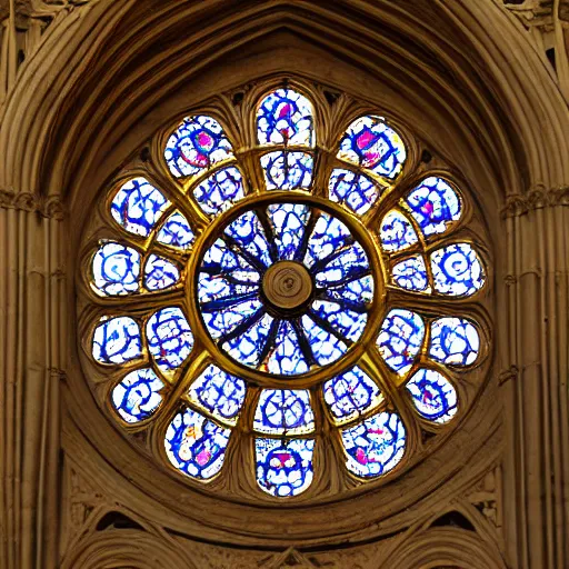 Prompt: ornate symmetrical spiral cathedral window with stonework, very beautiful, photograph, high definition