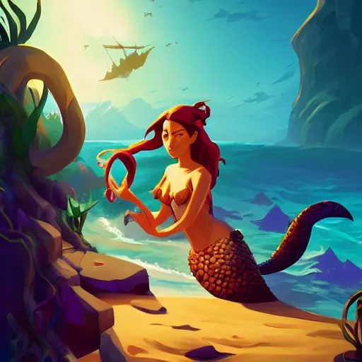 Image similar to painting mermaid treasure on sea of thieves game avatar hero smooth face median photoshop filter cutout vector, behance hd by jesper ejsing, by rhads, makoto shinkai and lois van baarle, ilya kuvshinov, rossdraws global illumination