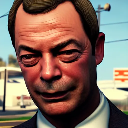 Image similar to nigel farage in gta 5, splash art, movie still, cinematic lighting, dramatic, octane render, long lens, shallow depth of field, bokeh, anamorphic lens flare, 8 k, hyper detailed, 3 5 mm film grain