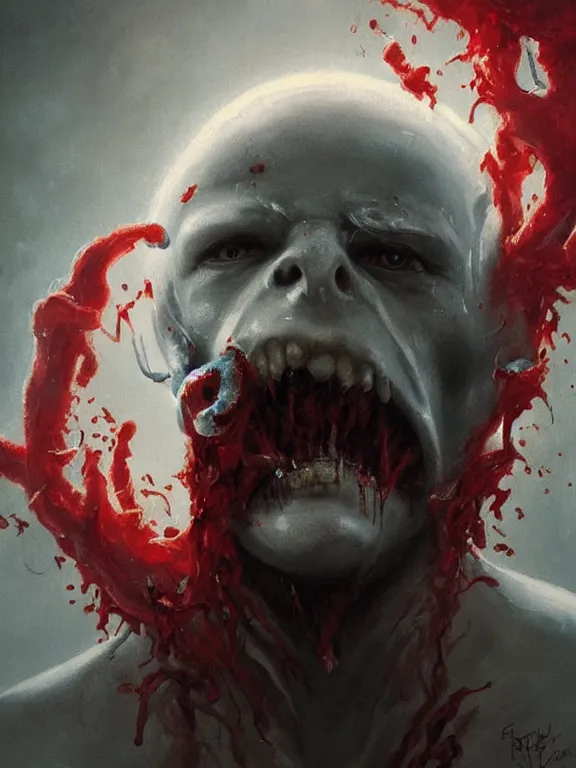 Image similar to painting by greg rutkowski of a flying sorrowful looking human head with tears running down it's eyes, face that is chalk white in color, with long white tentacles stemming from it's neck, fiery scorching red eyes, flying in a terrying hellish dark cavernous place