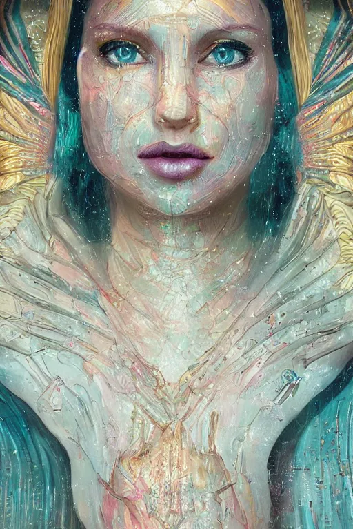 Prompt: An extremely beautiful Art Deco ornate portrait of a young attractive woman with a silky bio-luminiscent holographic dress, neo-cyberpunk, professionally painted digital art illustration, smooth, sharp focus, atmospheric lighting, highly detailed illustration highlights, golden ratio, extremely detailed winning award masterpiece, very coherent symmetrical artwork, sense of awe, 8K post-processing, trending on artstation flawless, prismatic highlights, telephoto, depth of field, cinematic, macro, concept art, wepa digital, elegant, epic, octane render, v-ray, C4D