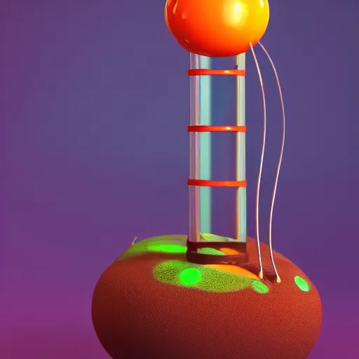 Prompt: an oompa loompa fetus growing in a giant orange bubbling test tube with wires hooked up, octane render, caustics, 4 k, trending on artstation, cute, realistic, vibrant