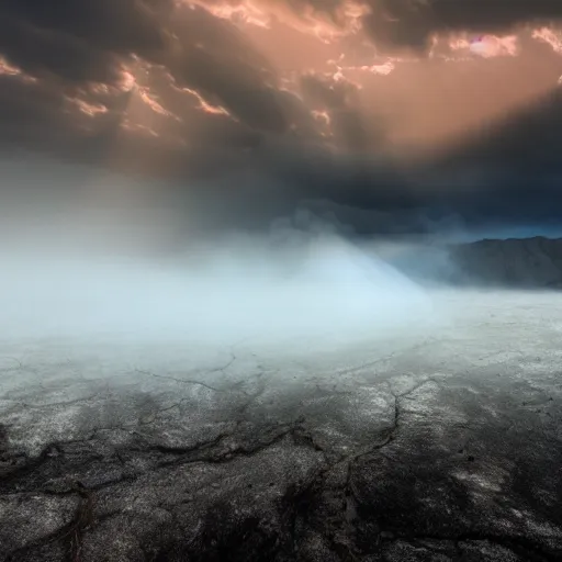 Image similar to stampeding muscular horse emerging out of pyroclastic flow with mist and sun rays. wide angle lens. 4 k