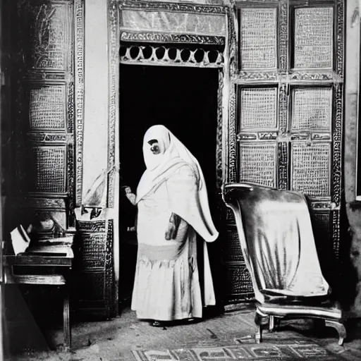 Prompt: elite egyptian woman at a french tailor in cairo, vintage photo, soft lighting, 1 8 9 0