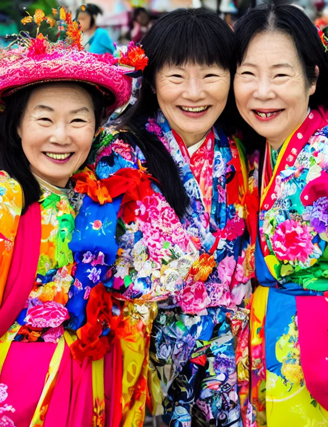 Prompt: two colorful women in taiwan during a festival by hisaji hara