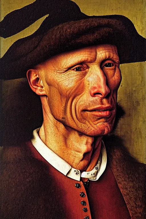 Image similar to portrait of ed harris, oil painting by jan van eyck, northern renaissance art, oil on canvas, wet - on - wet technique, realistic, expressive emotions, intricate textures, illusionistic detail