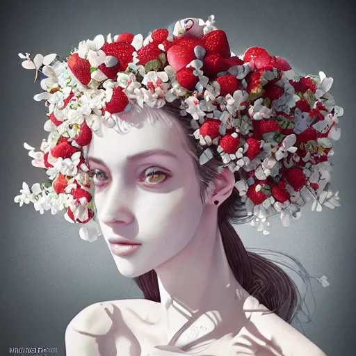 Prompt: the portrait of an absurdly beautiful, graceful, elegant, sophisticated, fashionable young woman made of strawberries and white petals with tears, an ultrafine hyperdetailed illustration by kim jung gi, irakli nadar, intricate linework, bright colors, octopath traveler, final fantasy, unreal engine 5 highly rendered, global illumination, radiant light, detailed and intricate environment