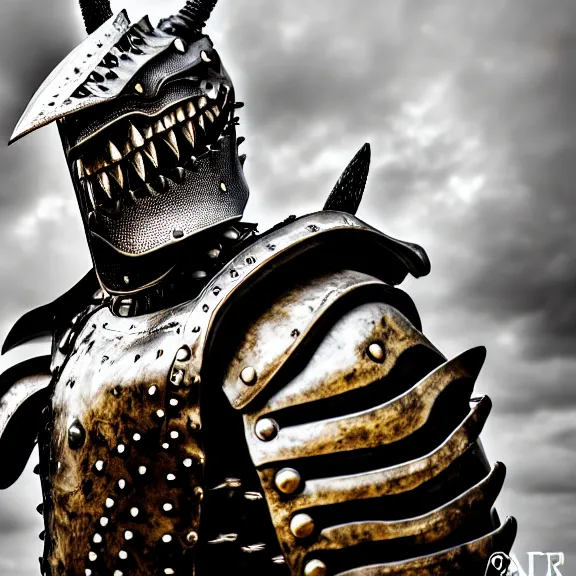 Image similar to photo of a warrior with metal crocodile theme armour, 4 k, hdr, smooth, sharp focus, high resolution, award - winning photo