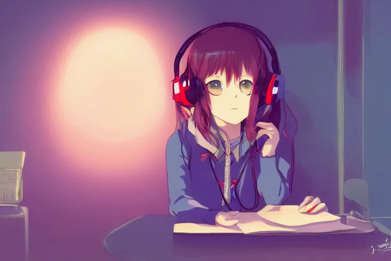 Image similar to lo - fi anime girl, wearing a blue cardigan and red aesthetic lo - fi headphones, studying in a brightly lit room, a lamp hovers above as it illuminates the room, illustrated by juan pablo machado, nighttime!!!!!!, cgsociety contest winner, artstation, golden ratio, dim lighting, studio ghibli!!!, 4 k