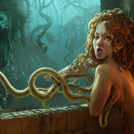 Prompt: a sewer cat transformed into a half - human indescribable horror with tentacles, covered breasts, seducing, fangs and slime, volumetric lighting, beautiful, golden hour, sharp focus, ultra detailed, cgsociety by leesha hannigan, ross tran, thierry doizon, kai carpenter, ignacio fernandez rios, noir photorealism, film