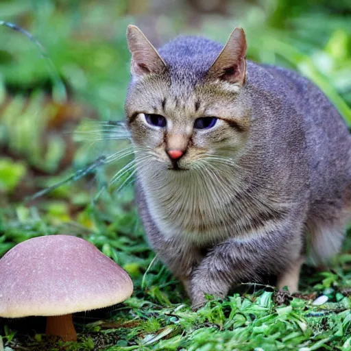 Image similar to a small domestic housecat with a fruiting mushroom growing atop its head