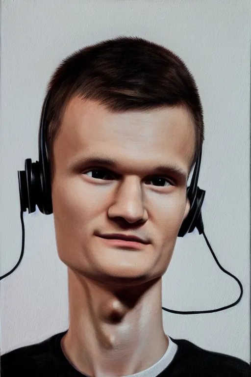 Image similar to vitalik buterin in headphones. vitalik buterin, medium shot, perfect symmetric face, coherent eyes, cute beautiful face, fine details., 4 k, hans zatska, oil paint