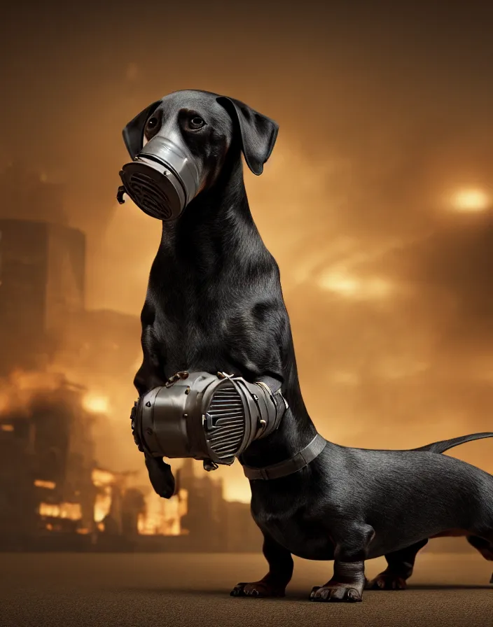 Image similar to photo of all black wiener dog wearing a gas mask. Trending on artstation, award winning. Octane render, 4k, 8k, unreal 5, very detailed, hyper control-realism, depth of field.