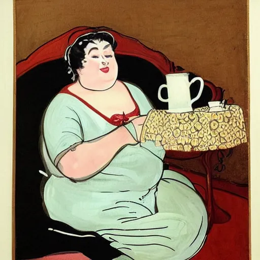 Prompt: a beautiful painting of a beautiful fat woman wearing a nightgown drinking coffee in a bed with white sheets in the style of in the style of Telous Lautrec