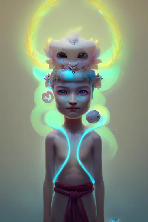 Prompt: super cute Bioluminescent wind deity character concept, only one face, soft light, soft mood, realistic body features and face, illustration, painting oil on canvas by Elena Zhurikhina and Goro Fujita and Charlie Bowater, octane render trending on artstation, 4k, 8k, HD