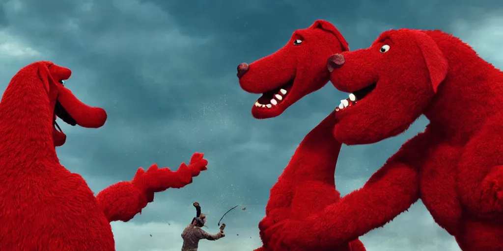 Prompt: clifford the big red dog fighting godzilla