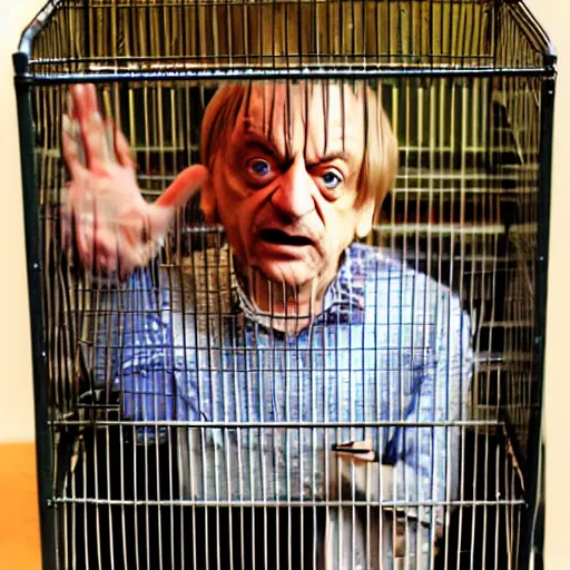 Image similar to mark e smith in a small cage at the pet store, the cage has for sale tag, 4 k