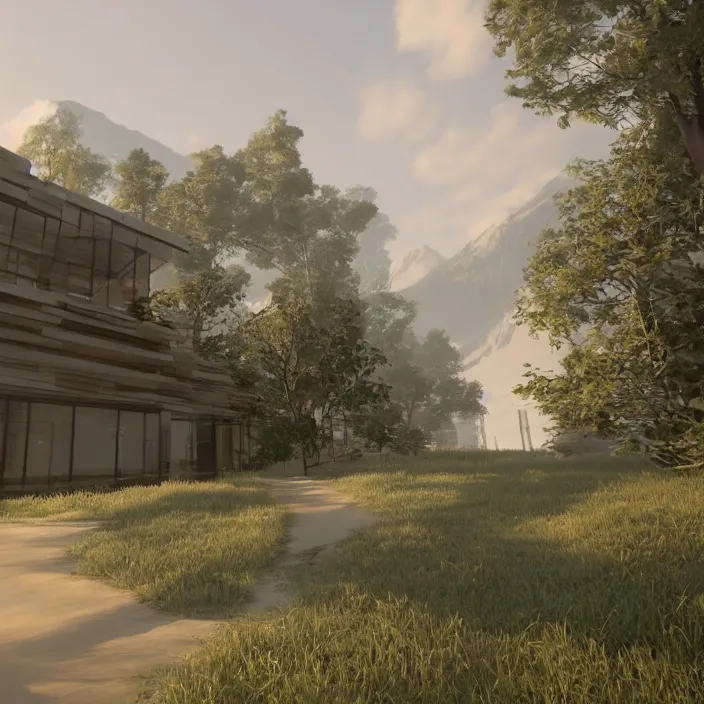 Prompt: a building in a serene landscape, unreal engine