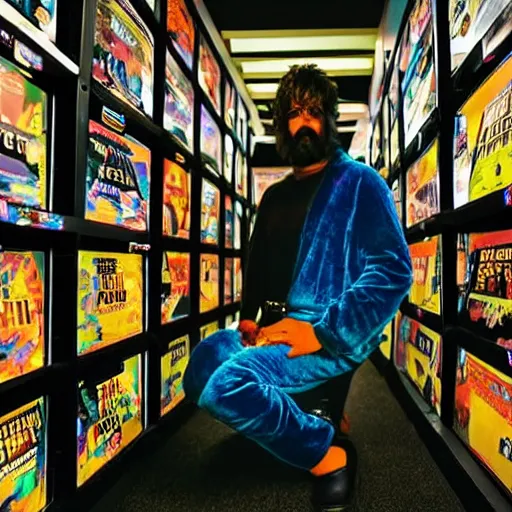 Image similar to black light photo, a man in a colorful velvet full body suit crouched inside a video rental store, nostalgia, hyper realism, the end of innocence