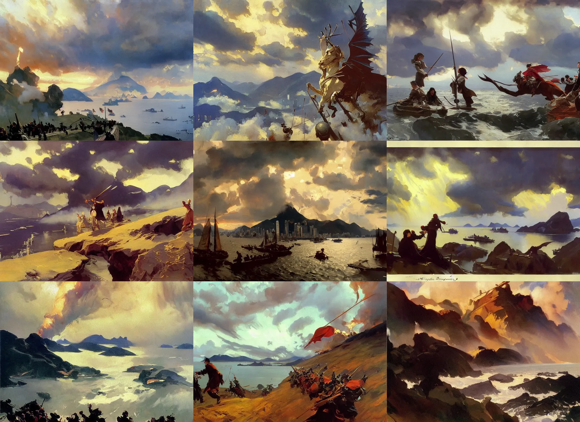 Prompt: painting by sargent and leyendecker and greg hildebrandt savrasov levitan autumn epic sky overcast, low thunder clouds fire dragons attacking hong kong victoria harbour in middle age, fantasy, lotr, game of thrones