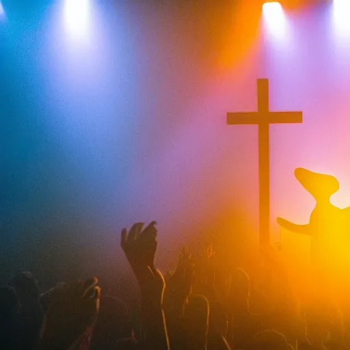 Image similar to Barney the Dinosaur leads a modern worship service, backlit, dramatic stage lighting, fog, neon cross