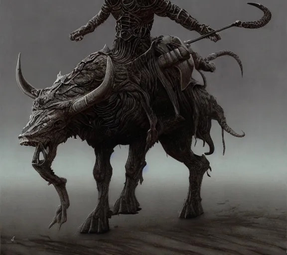 Image similar to minotaur concept, full body concept, beksinski, wayne barlowe, adrian smith fantasy art, the hobbit art, lord of the ring art, the witcher concept art, trending on artstation, game of throne art