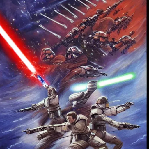 Image similar to an epic battle scene in space, style of star wars