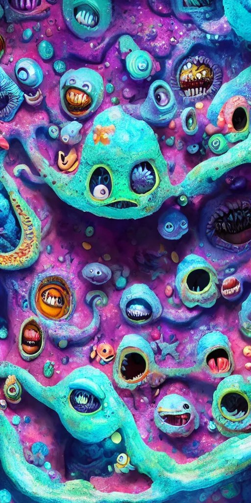 Image similar to of a colorful deep sea cave with strange cute friendly happy creatures with huge eyes, mouth, long tongue and round teeth appearing from sandy coral, in the style of gehry and gaudi, macro lens, shallow depth of field, ultra detailed, digital painting, trending artstation, concept art, illustration, cinematic lighting, photorealism, epic, octane render