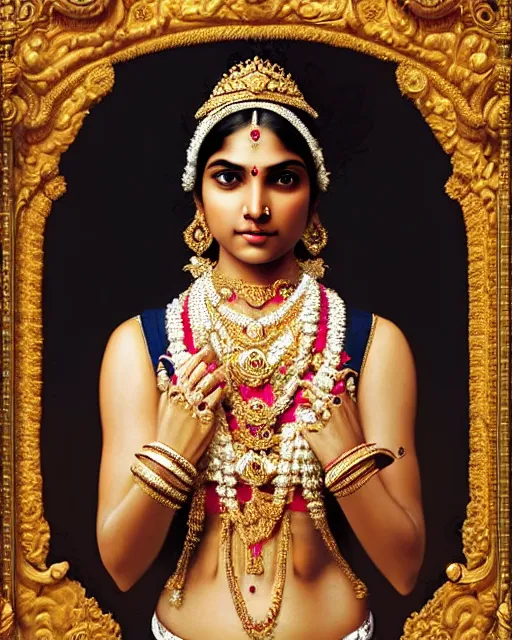 Image similar to photo of a gorgeous young Indian woman wearing elaborate heavy baroque jewelry and crown and rococo ornaments in the style of stefan kostic, realistic, sharp focus, symmetric, 8k high definition, insanely detailed, intricate, elegant, art by stanley lau and artgerm, William-Adolphe Bouguereau