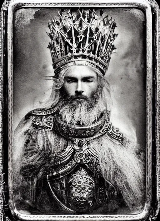 Prompt: old wetplate daguerreotype frame portrait of a futuristic silver armored king arthur with white hair and beard emperor district 9 cyborg, fractal, intricate, elegant, highly detailed, subsurface scattering, by jheronimus bosch and greg rutkowski and louis jacques mande daguerre