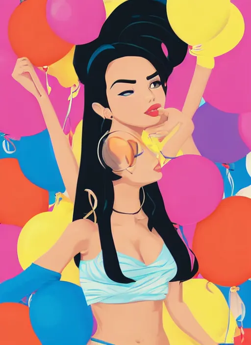 Prompt: woman, black hair, tan skin, curvy, slight resemblance to selena gomez and vanessa hudgens. colorful clothes. balloons. clean cel shaded vector art. shutterstock. behance hd by lois van baarle, artgerm, helen huang, by makoto shinkai and ilya kuvshinov, rossdraws, illustration,