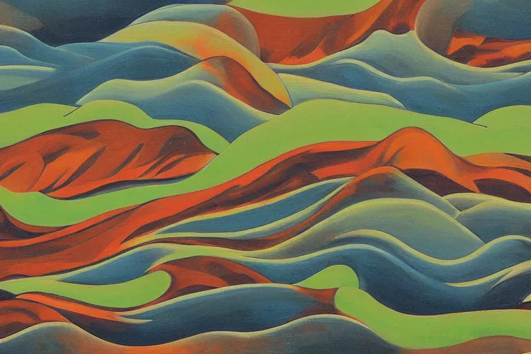 Prompt: A modernist landscape painting. Wild energy patterns rippling in all directions. Curves, zig-zags. Organic. Mountains. Clouds. Vegetation. Rushing water. Waves. LSD.