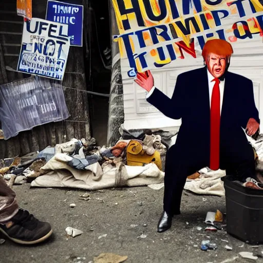 Image similar to donald trump dressed as a homeless man living in the slums