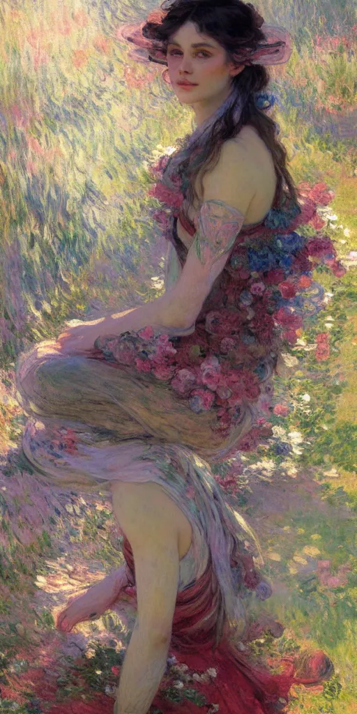 Image similar to illustration studio portrait of a beautiful girl in an artistic pose resting in nature, monet painterly motives and textures pattern, hyper detailed, octane render, vivid colors, artstation, by jeremy mann, by alphonse mucha, by monet