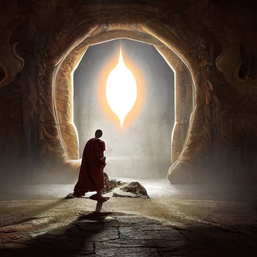 Image similar to concept art a monk discovering a portal to enlightenment, 8 k, cinematic lighting, dark, detailed, crisp, clarity, crisp, ornate, luxury, elite, zen, cinematic