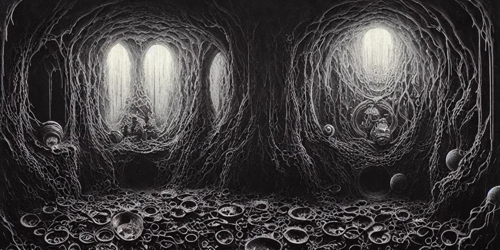 Prompt: Shoggoth's living room, Zdzislaw Beksinski, Wayne Barlowe, Joe Fenton, gothic, cosmic horror, biomorphic, lovecraftian, amazing details, cold hue's