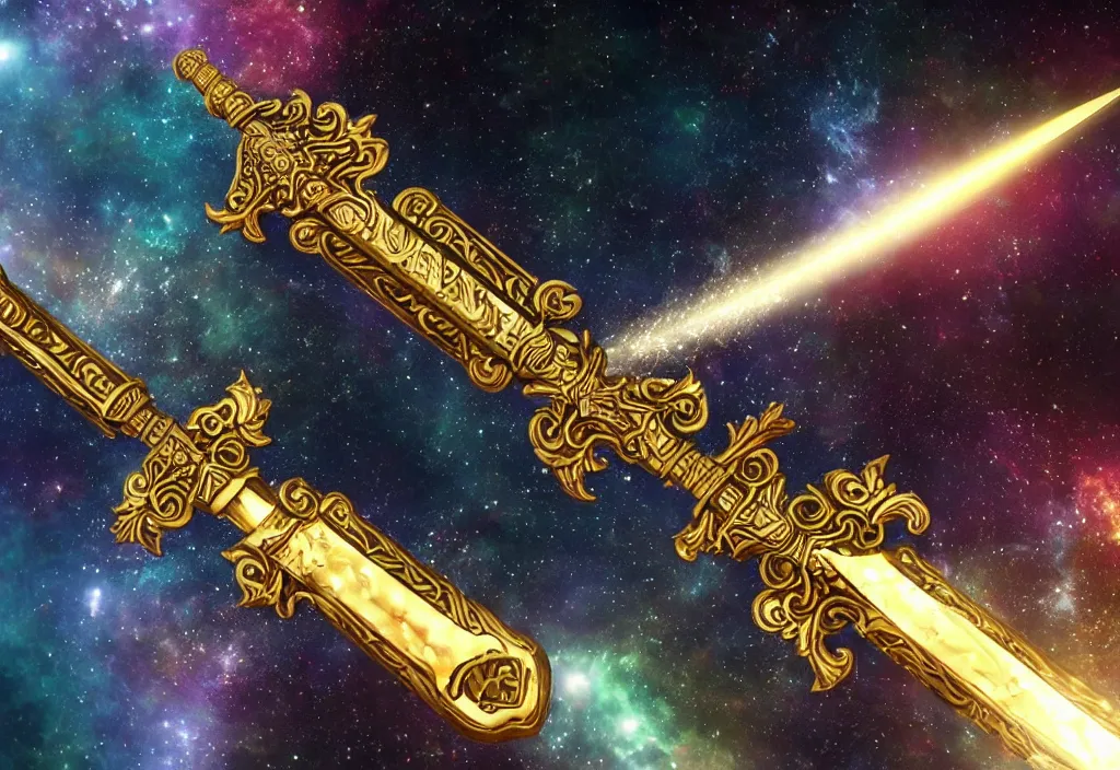 Prompt: a holographic intricate metal sacred sword floating in space reflecting the universe, intricate unreal engine 5 creation