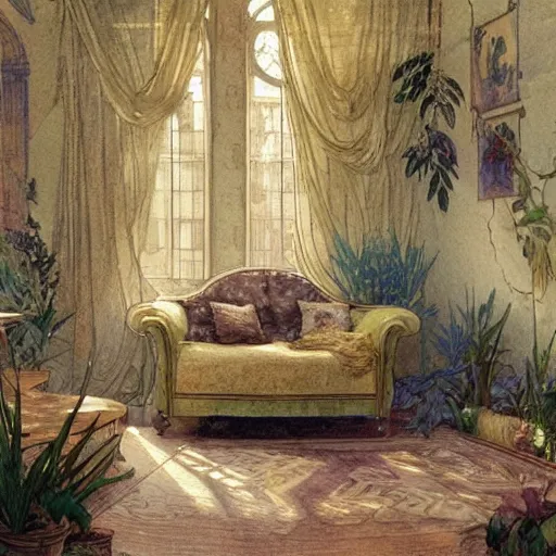 Image similar to a beautifull intricate watercolour painting of a living room with leaves, reflexions, verry high details by william turner art, greg rutkowski and alphonse mucha, trending on artstation, very very detailed, masterpiece, muted colors