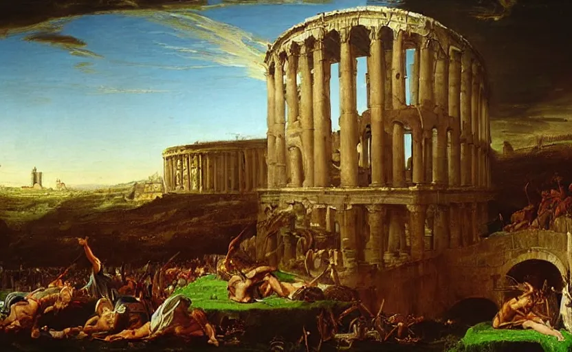 Image similar to “ the fall of rome by thomas cole, modern version, painting ”