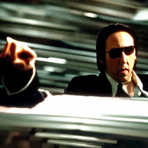 Image similar to nicholas cage as neo from matrix, dodging bullets