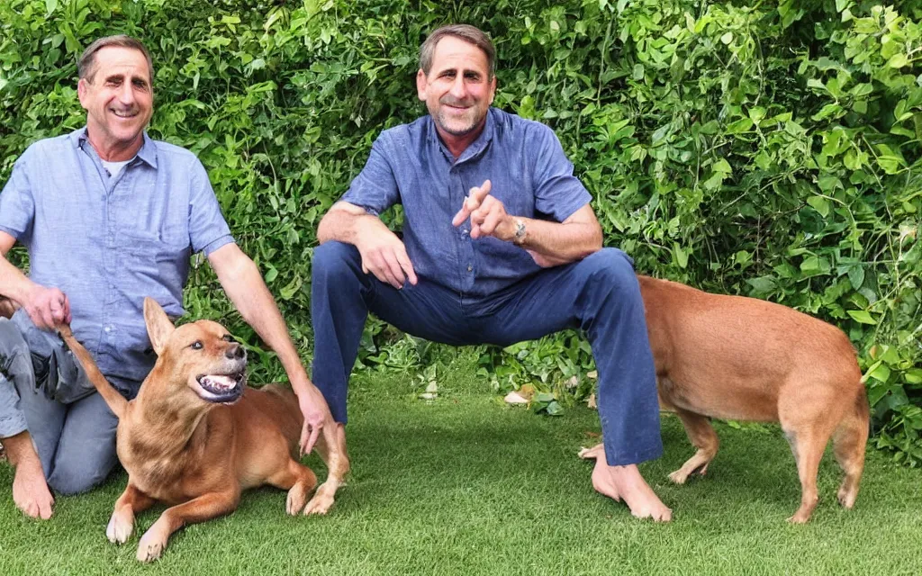 Image similar to My dad Steve just took a hit from the bongo and have good time being gracefully relaxed in the garden, sunset lighting. My second name is Carell. My dad second name is Carell. Im the dog and Steve Carell is my dad. Detailed face