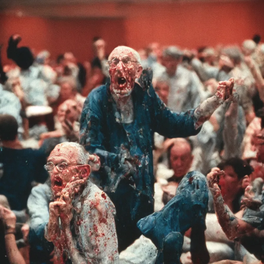 Image similar to 9 0 s movie still of an old man yelling in an empty soviet ballroom flooded with blood, cinestill 8 0 0 t 3 5 mm, heavy grain, high quality, high detail