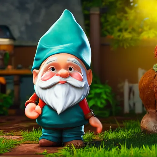 Image similar to gnome on a back yard, highly detailed, photorealistic portrait, bright studio setting, studio lighting, crisp quality and light reflections, unreal engine 5 quality render