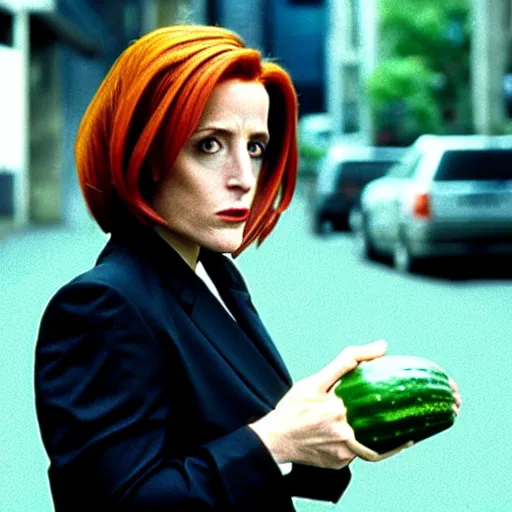 Prompt: agent scully crouching to examine a suspicious cucumber on a dark city street, wide shot, still from a tv show 9 0 s