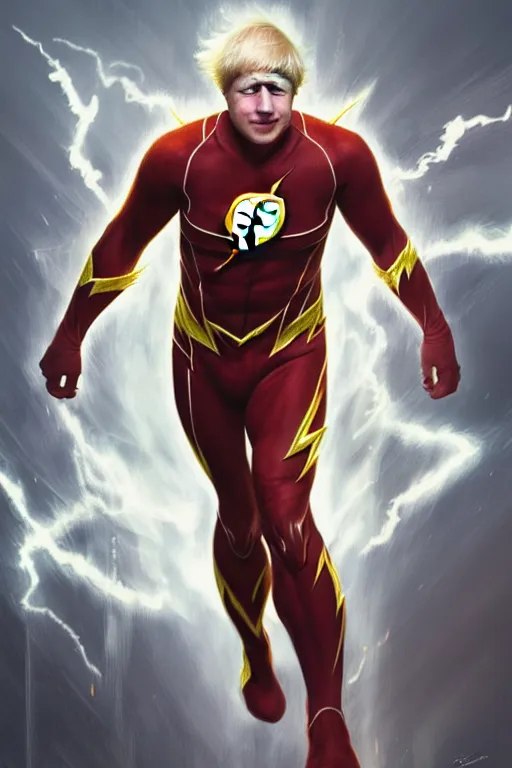 Image similar to Boris Johnson as Flash by Zack Snyder, realistic portrait, symmetrical, highly detailed, digital painting, artstation, concept art, smooth, sharp focus, illustration, cinematic lighting, art by artgerm and greg rutkowski and alphonse mucha