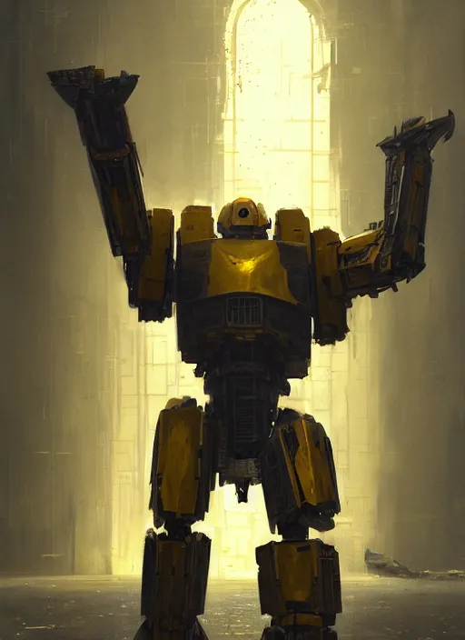 Image similar to human-sized strong intricate yellow pit droid, carrying longsword and big paladin shield, pancake head, exposed metal bones, painterly humanoid mecha, full body, sharp focus, cinematic, by Greg Rutkowski