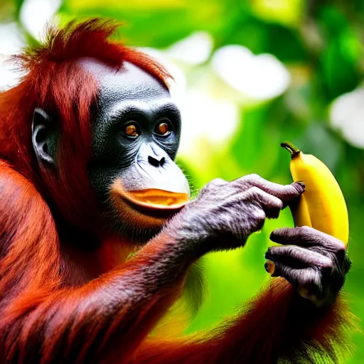 Prompt: pixel art of an orangutan eating a banana 4 k, high resolution, still, landscape, hd, dslr, hyper realistic