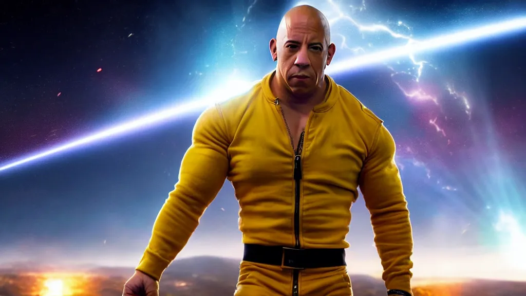 Prompt: extreme wide shot of vin diesel as saitama!!! throwing!!! a car!!!!!!!!!! into space, ultra realistic, lens flare, atmosphere, glow, detailed, intricate, full of colour, cinematic lighting, trending on artstation, 4 k, hyperrealistic, focused, extreme details, unreal engine 5, cinematic, masterpiece