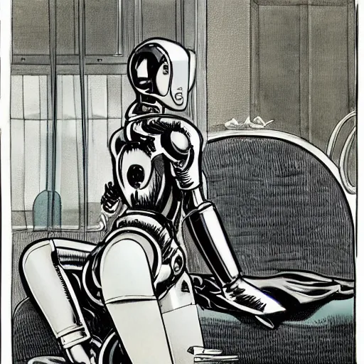 Image similar to boudoir, shiny chrome robot woman holding a blanket against herself, beautiful robot automaton